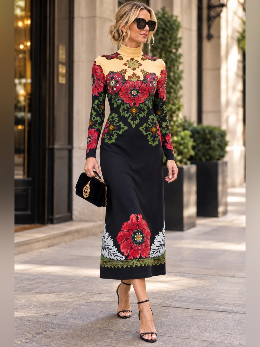 LA DOUBLEJ Black Red Halle Floral Long Sleeve Mock Neck Gown size Small